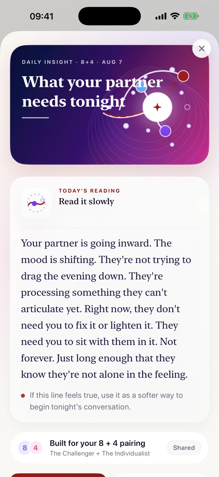 NineWays Daily Insight screen for an 8 and 4 pairing